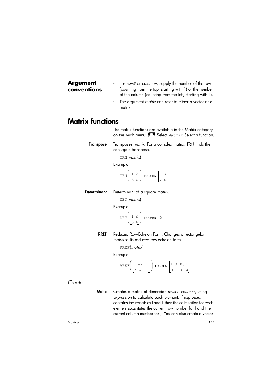 Matrix functions, Argument conventions | HP Prime Graphing Calculator User Manual | Page 481 / 608