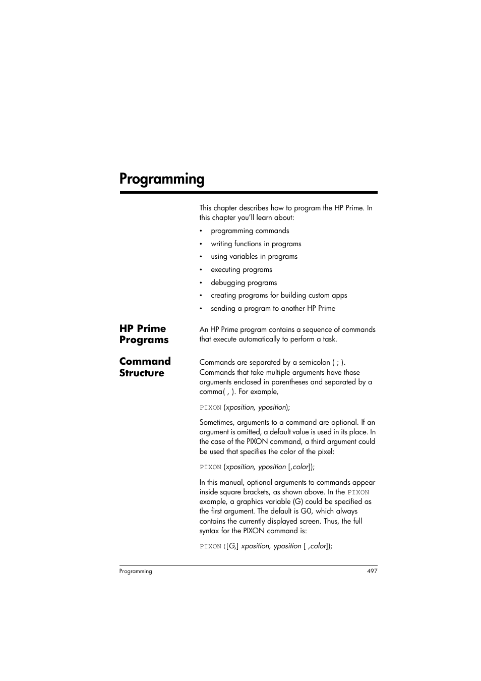 Programming, 27 programming, Hp prime programs | Command structure | HP Prime Graphing Calculator User Manual | Page 501 / 608