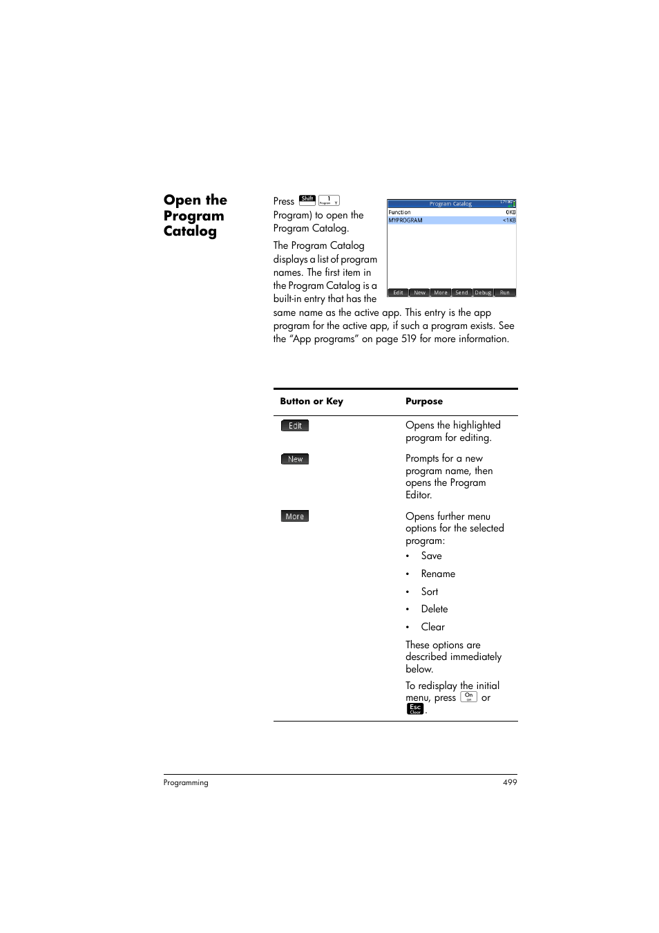 Open the program catalog, Program catalog: buttons and keys | HP Prime Graphing Calculator User Manual | Page 503 / 608