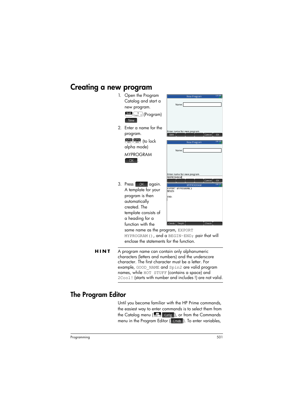 Creating a new program, The program editor | HP Prime Graphing Calculator User Manual | Page 505 / 608