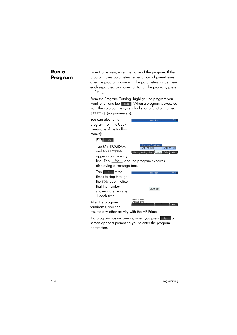 Run a program | HP Prime Graphing Calculator User Manual | Page 510 / 608