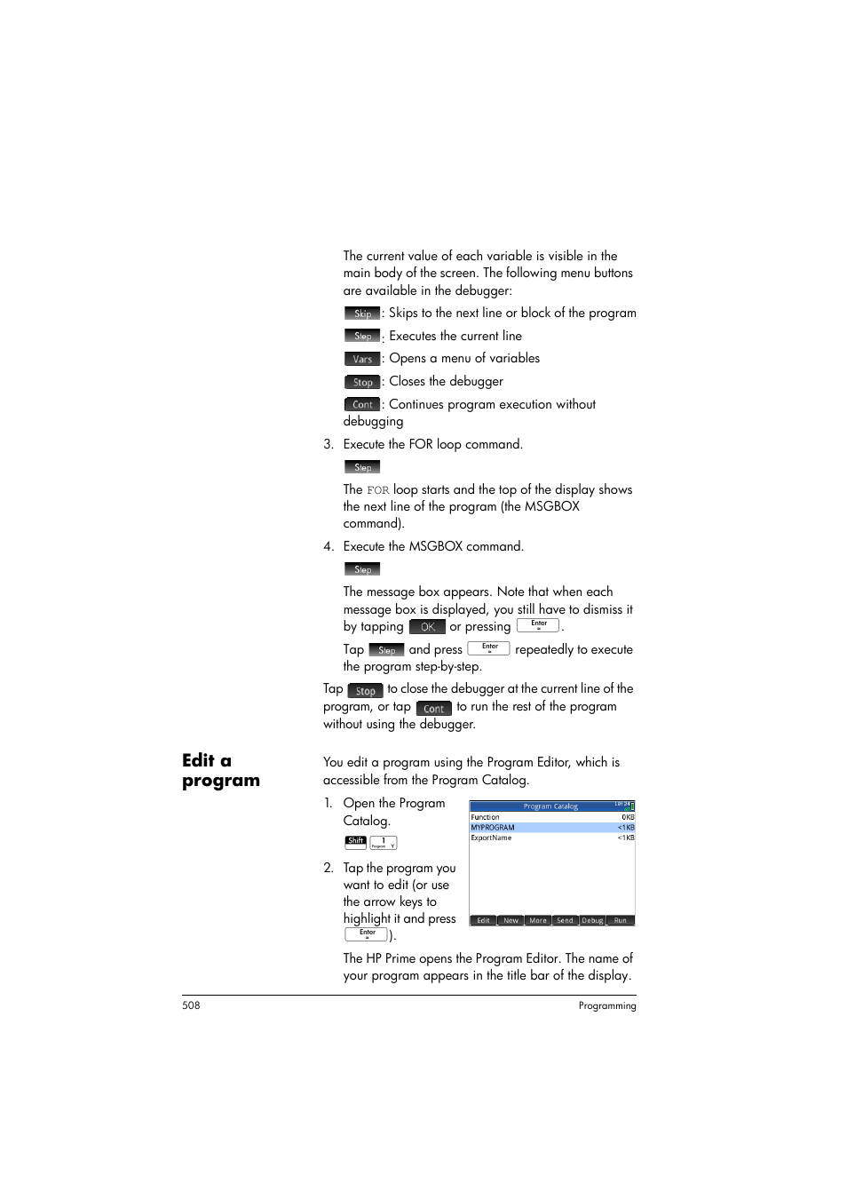 Edit a program | HP Prime Graphing Calculator User Manual | Page 512 / 608