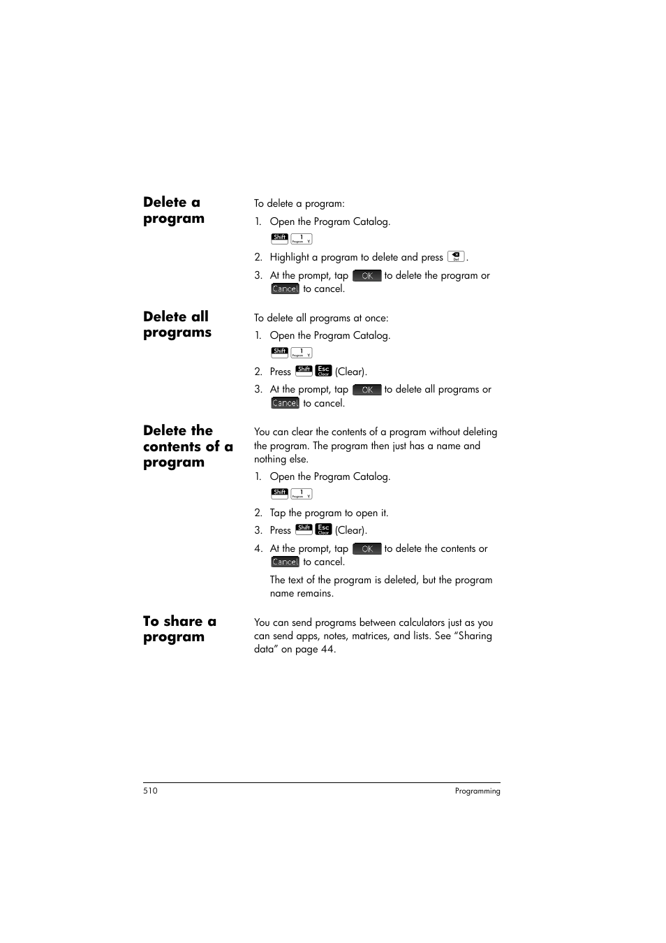 Delete a program, Delete all programs, Delete the contents of a program | HP Prime Graphing Calculator User Manual | Page 514 / 608