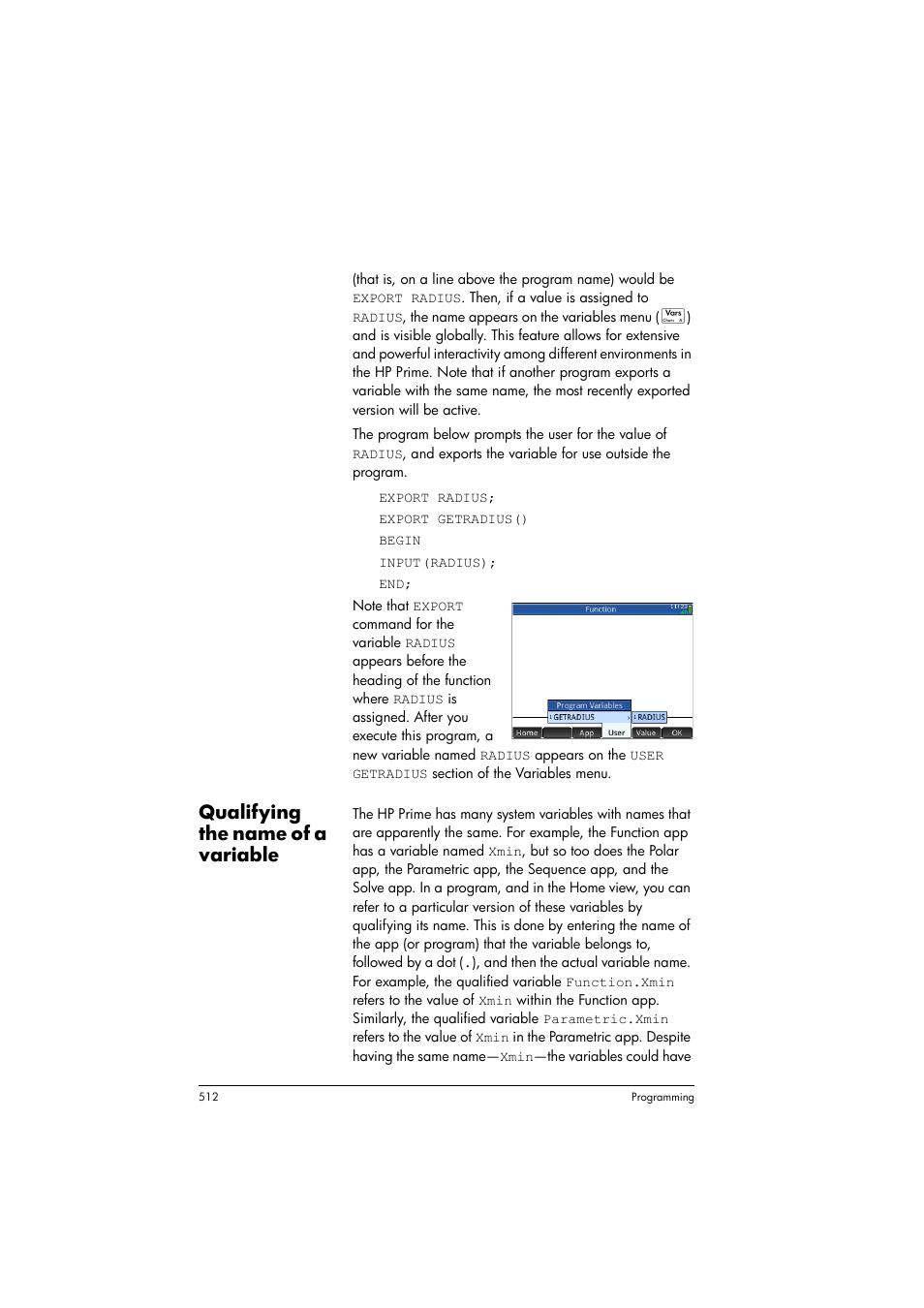 Qualifying the name of a variable | HP Prime Graphing Calculator User Manual | Page 516 / 608