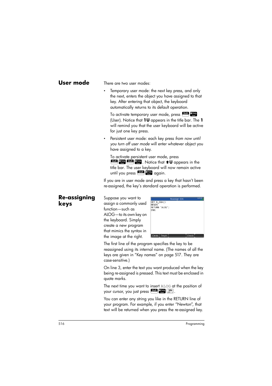 User mode, Re-assigning keys | HP Prime Graphing Calculator User Manual | Page 520 / 608