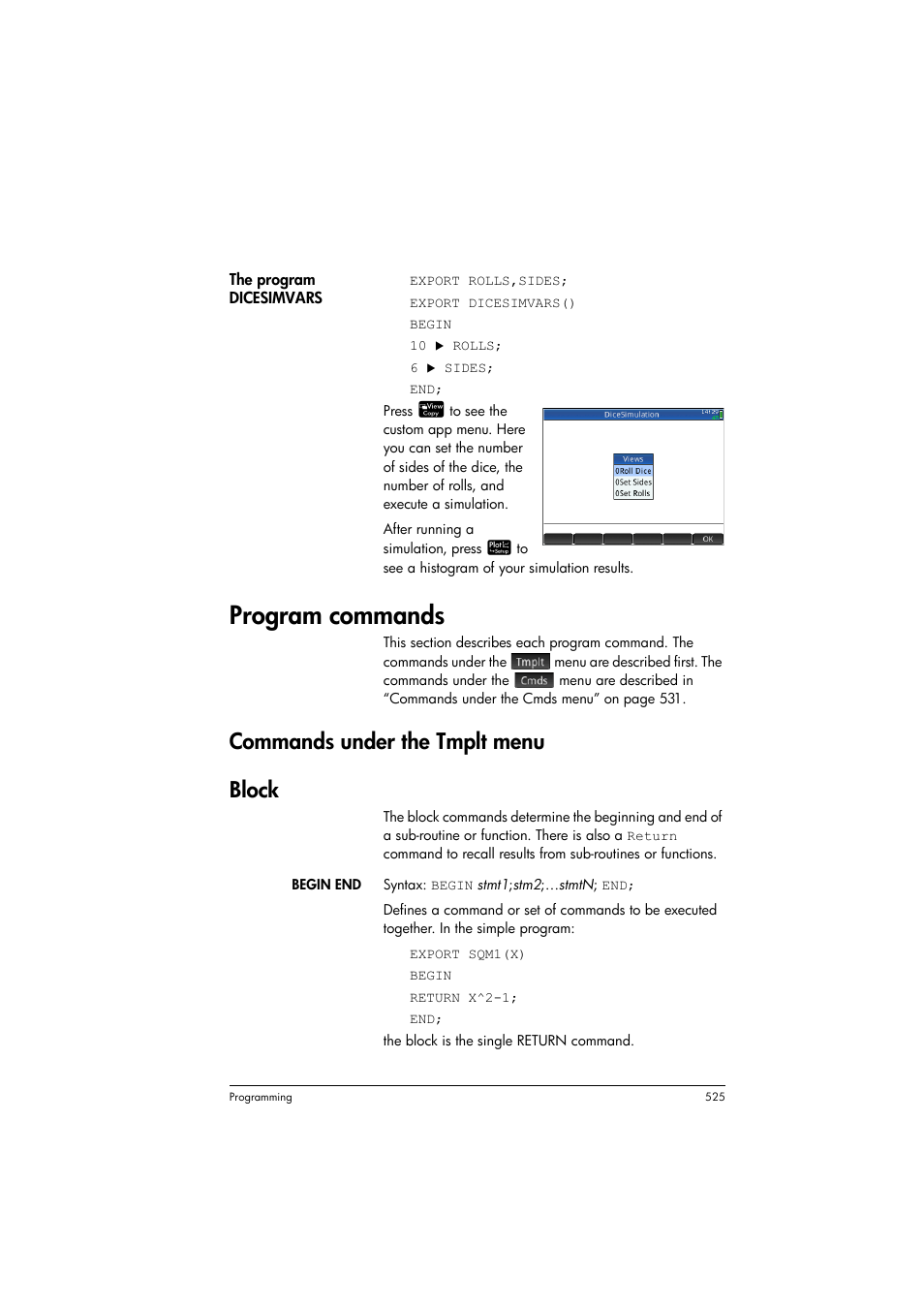 Program commands, Commands under the tmplt menu, Block | Commands under the tmplt menu block | HP Prime Graphing Calculator User Manual | Page 529 / 608