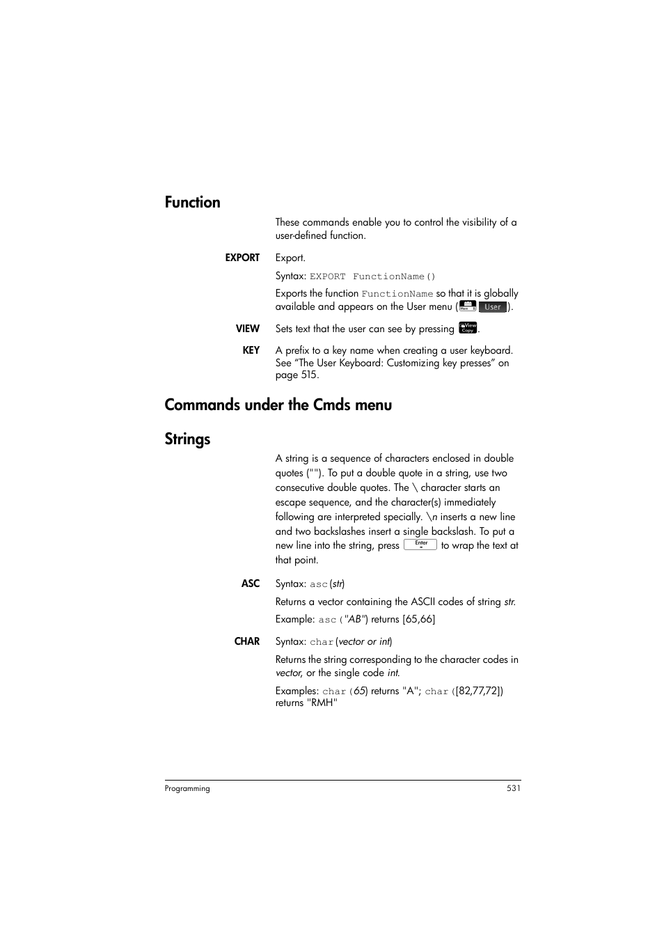 Function, Commands under the cmds menu, Strings | Commands under the cmds menu strings | HP Prime Graphing Calculator User Manual | Page 535 / 608