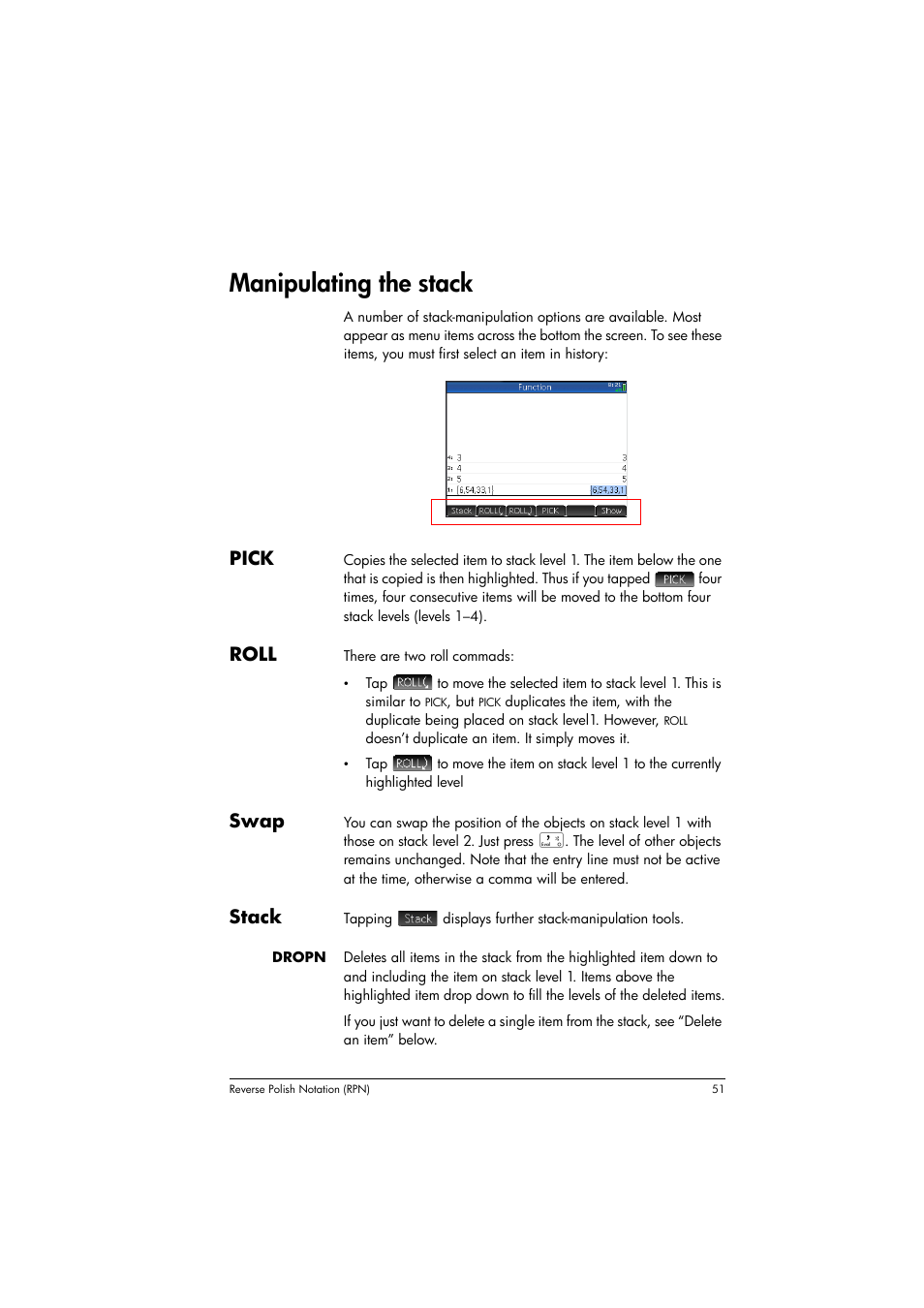 Manipulating the stack, Pick, Roll | Swap, Stack | HP Prime Graphing Calculator User Manual | Page 55 / 608