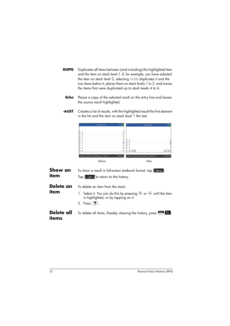 Show an item, Delete an item, Delete all items | HP Prime Graphing Calculator User Manual | Page 56 / 608