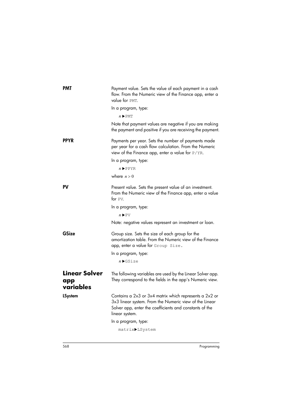 Linear solver app variables | HP Prime Graphing Calculator User Manual | Page 572 / 608