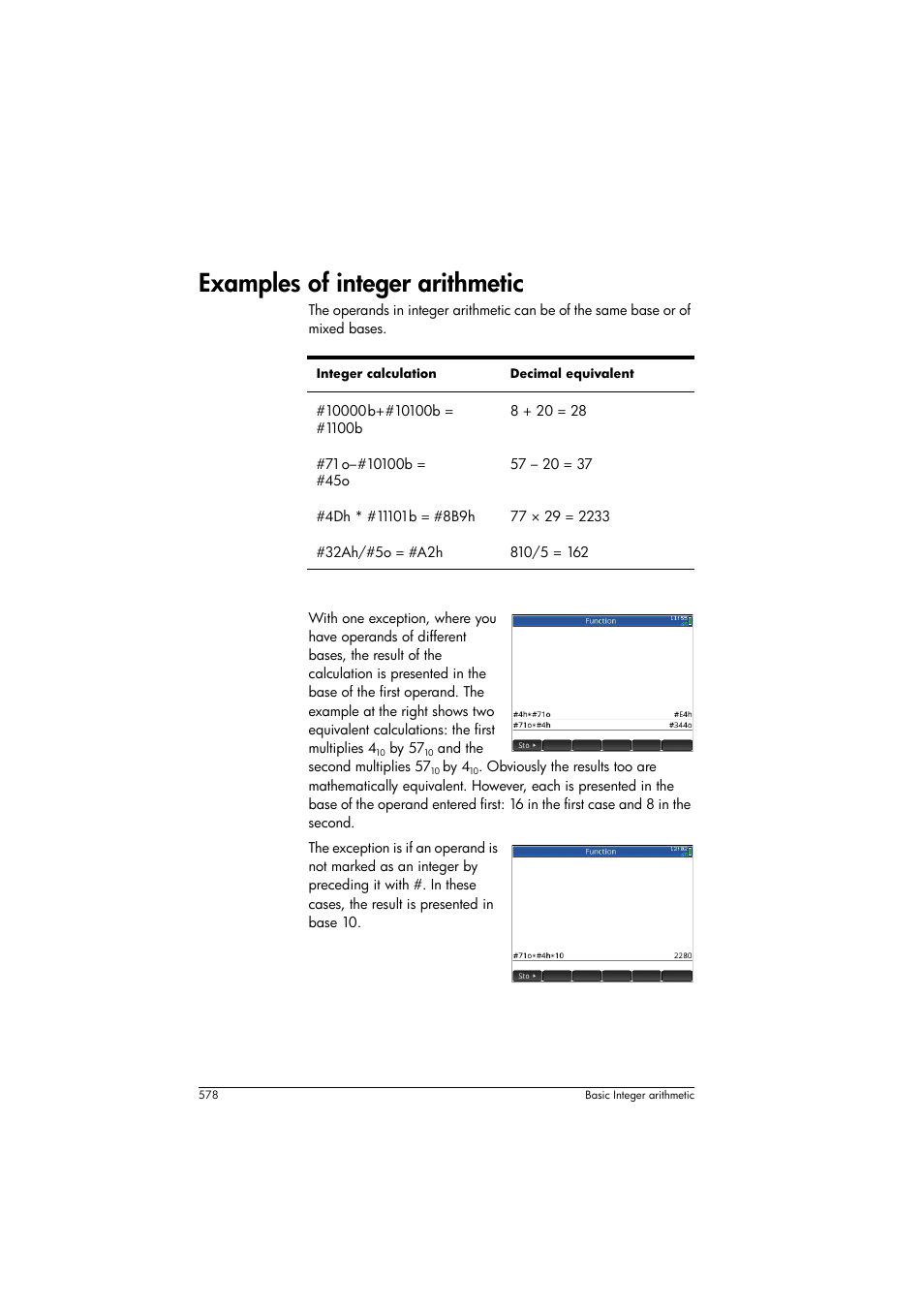 Examples of integer arithmetic, Mixed-base arithmetic | HP Prime Graphing Calculator User Manual | Page 582 / 608