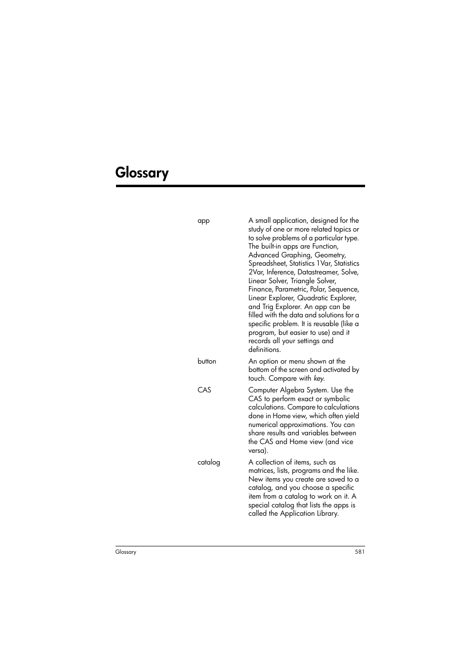 Glossary, Appendix a glossary | HP Prime Graphing Calculator User Manual | Page 585 / 608