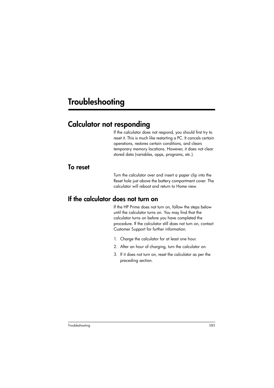 Troubleshooting, Calculator not responding, To reset | If the calculator does not turn on, Appendix b troubleshooting | HP Prime Graphing Calculator User Manual | Page 589 / 608