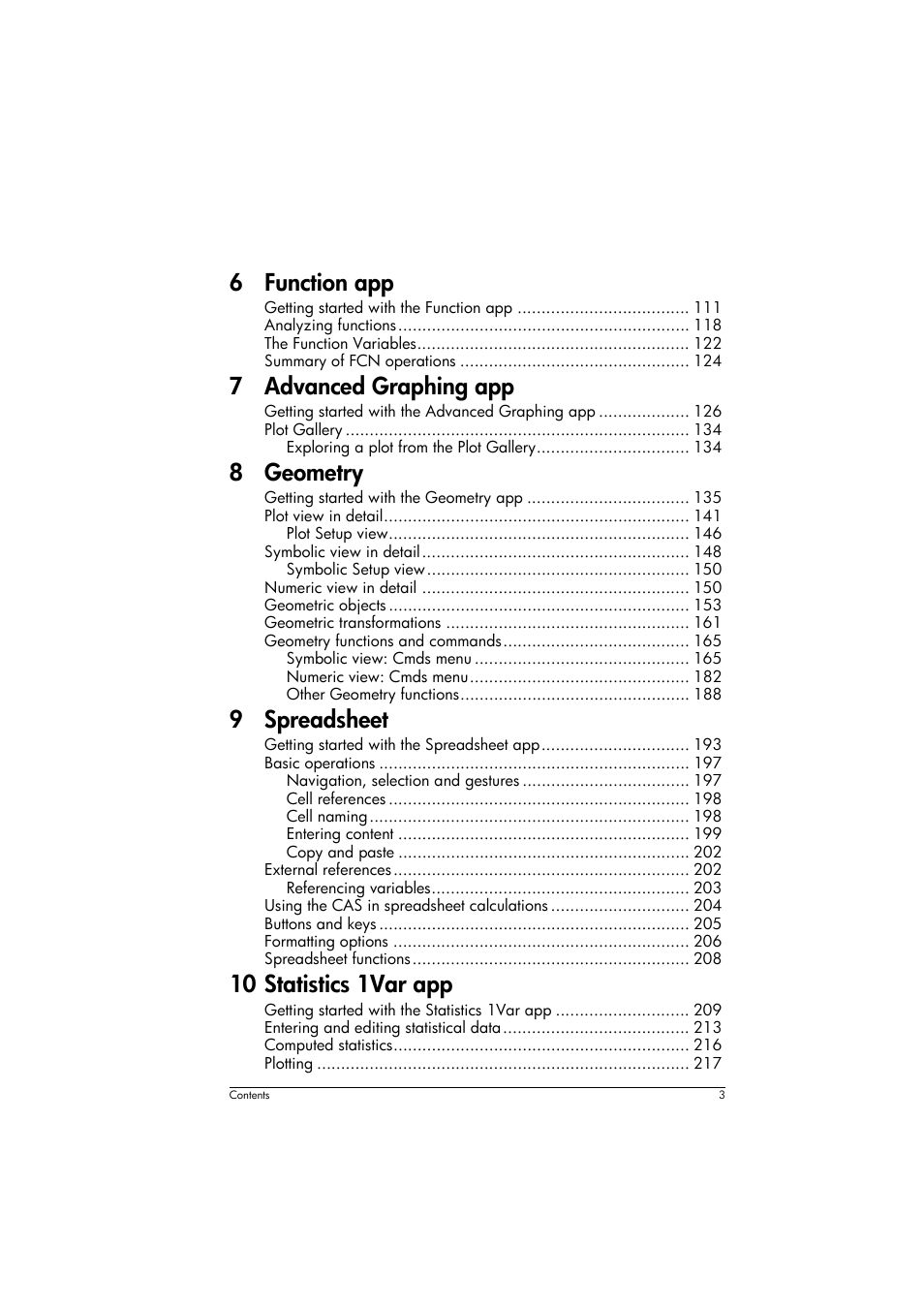 6 function app, 7 advanced graphing app, 8 geometry | 9 spreadsheet, 10 statistics 1var app | HP Prime Graphing Calculator User Manual | Page 7 / 608