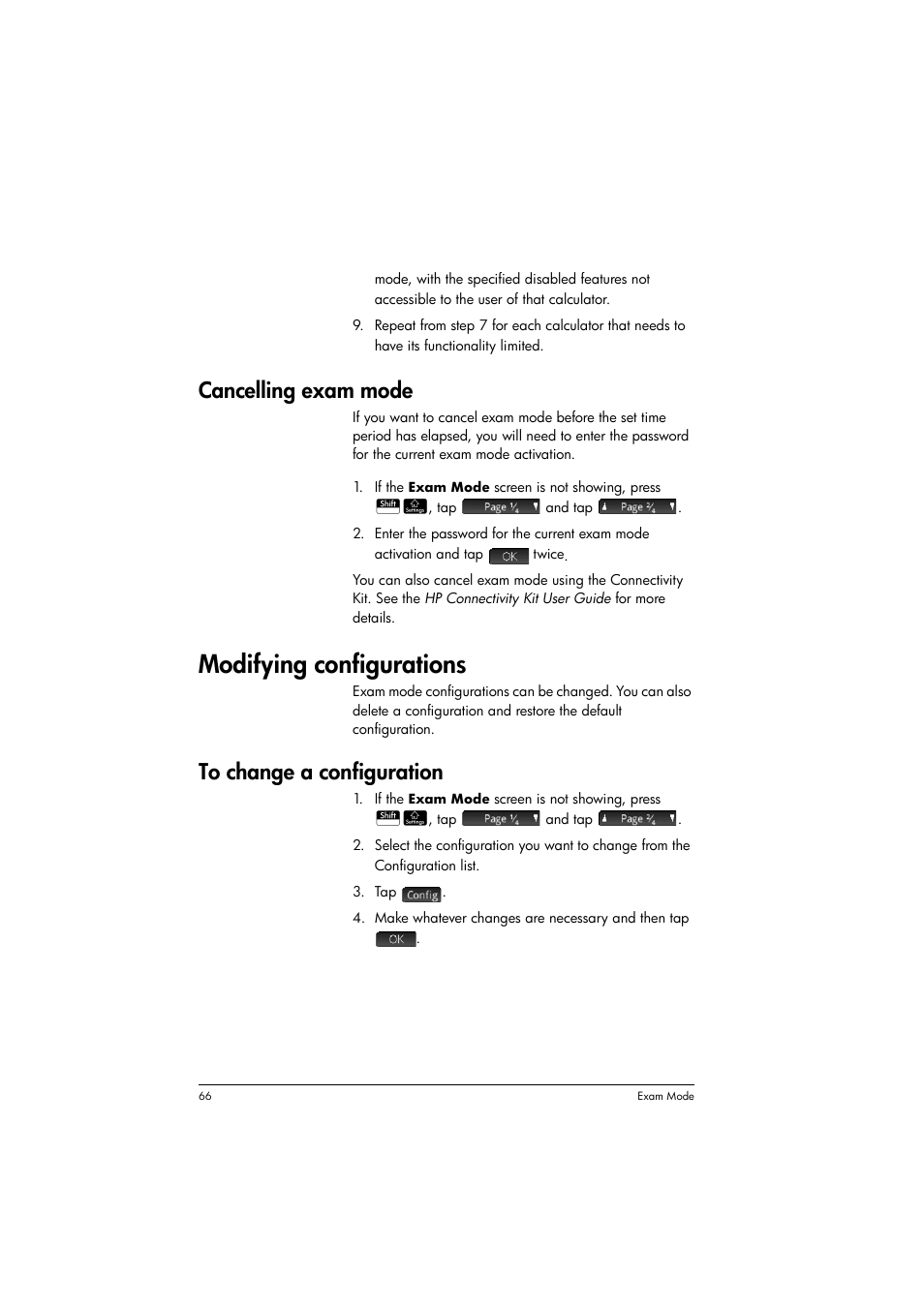 Cancelling exam mode, Modifying configurations, To change a configuration | HP Prime Graphing Calculator User Manual | Page 70 / 608