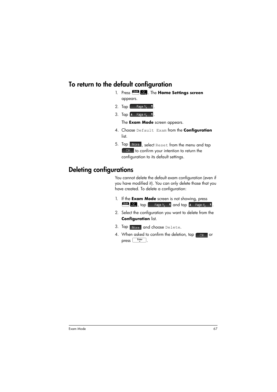 To return to the default configuration, Deleting configurations | HP Prime Graphing Calculator User Manual | Page 71 / 608