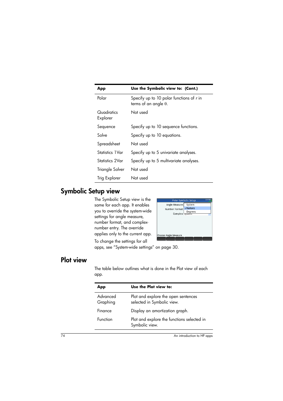 Symbolic setup view, Plot view | HP Prime Graphing Calculator User Manual | Page 78 / 608