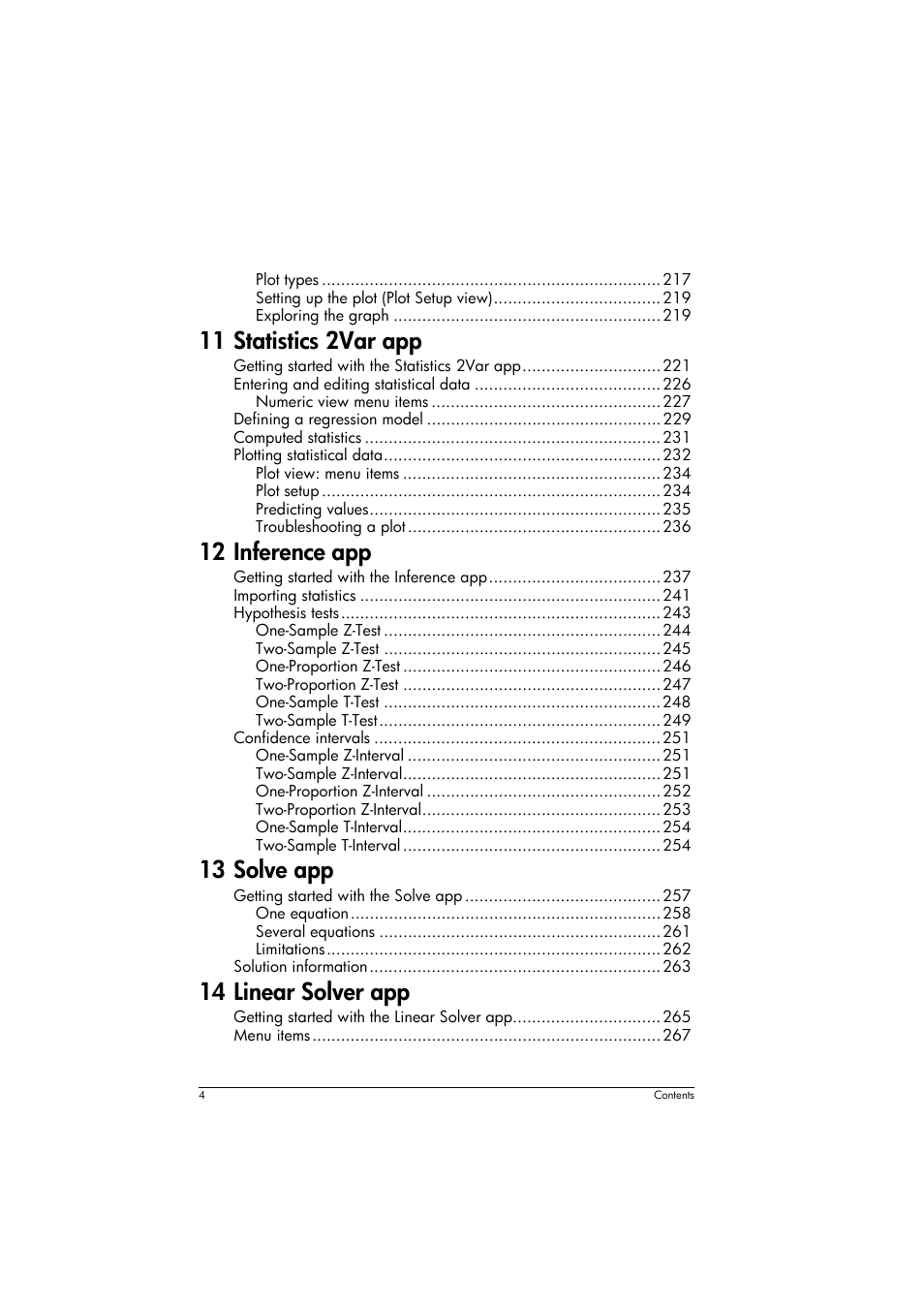 11 statistics 2var app, 12 inference app, 13 solve app | 14 linear solver app | HP Prime Graphing Calculator User Manual | Page 8 / 608