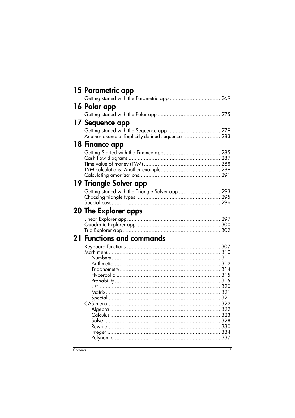 15 parametric app, 16 polar app, 17 sequence app | 18 finance app, 19 triangle solver app, 20 the explorer apps, 21 functions and commands | HP Prime Graphing Calculator User Manual | Page 9 / 608