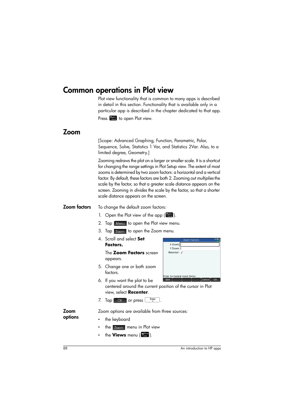 Common operations in plot view, Zoom | HP Prime Graphing Calculator User Manual | Page 92 / 608