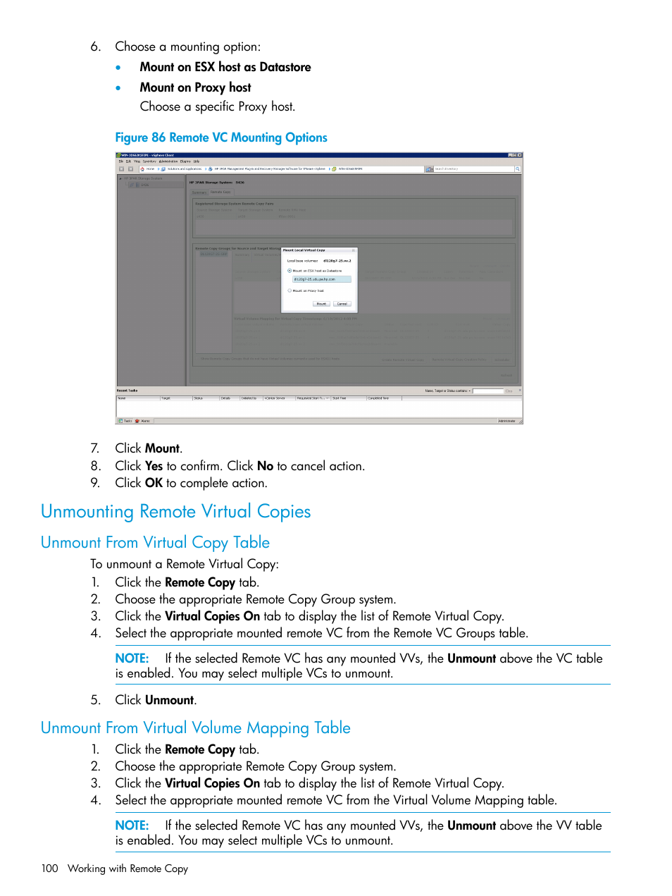 Unmounting remote virtual copies, Unmount from virtual copy table, Unmount from virtual volume mapping table | HP 3PAR Application Software Suite for VMware User Manual | Page 100 / 126