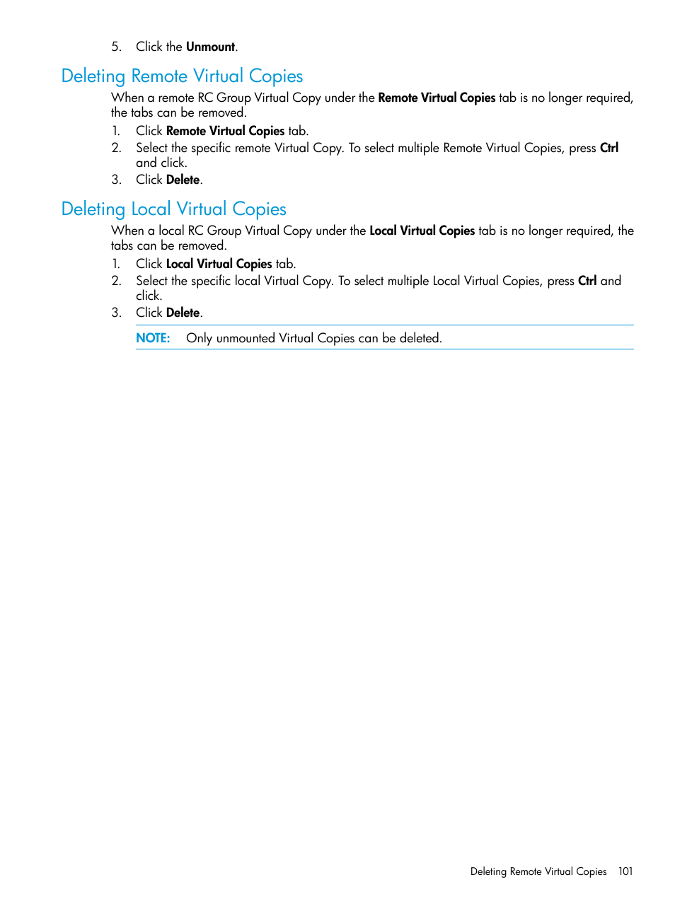 Deleting remote virtual copies, Deleting local virtual copies | HP 3PAR Application Software Suite for VMware User Manual | Page 101 / 126