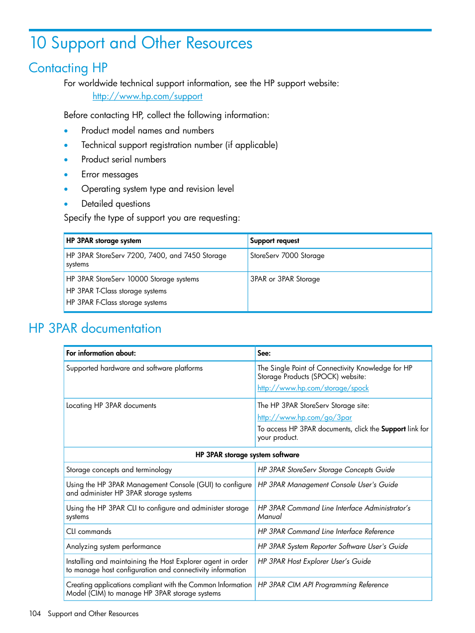 10 support and other resources, Contacting hp, Hp 3par documentation | Contacting hp hp 3par documentation | HP 3PAR Application Software Suite for VMware User Manual | Page 104 / 126