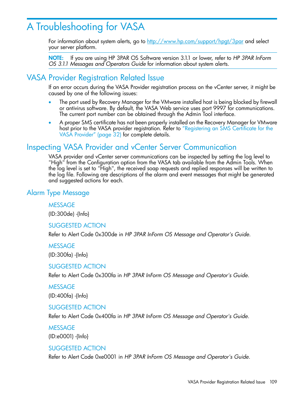 A troubleshooting for vasa, Vasa provider registration related issue, Alarm type message | Troubleshooting for vasa | HP 3PAR Application Software Suite for VMware User Manual | Page 109 / 126