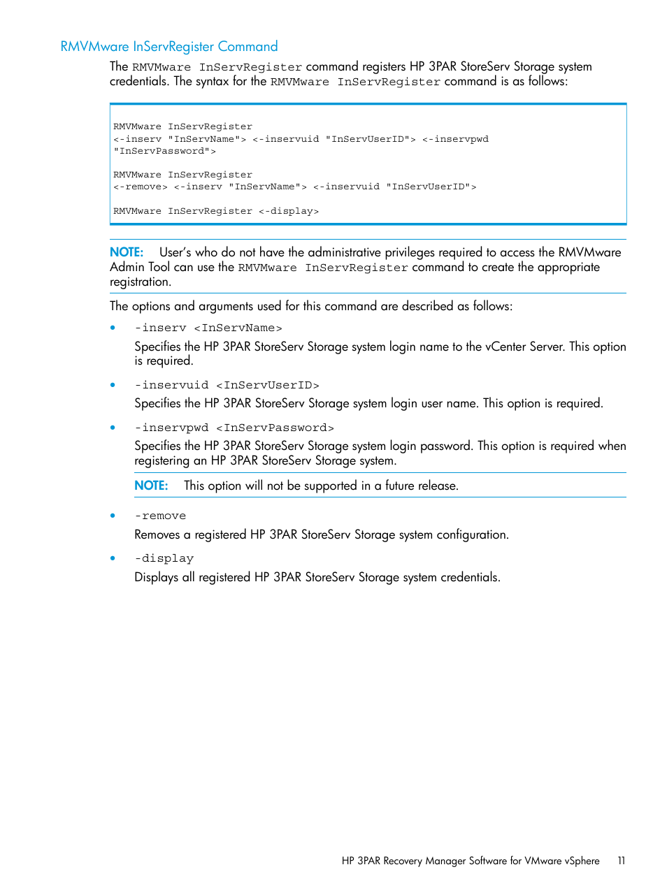 Rmvmware inservregister command | HP 3PAR Application Software Suite for VMware User Manual | Page 11 / 126