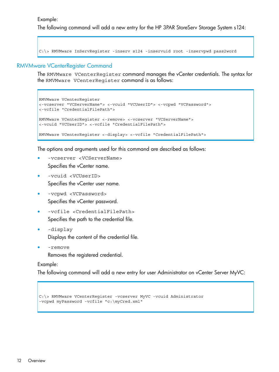Rmvmware vcenterregister command | HP 3PAR Application Software Suite for VMware User Manual | Page 12 / 126