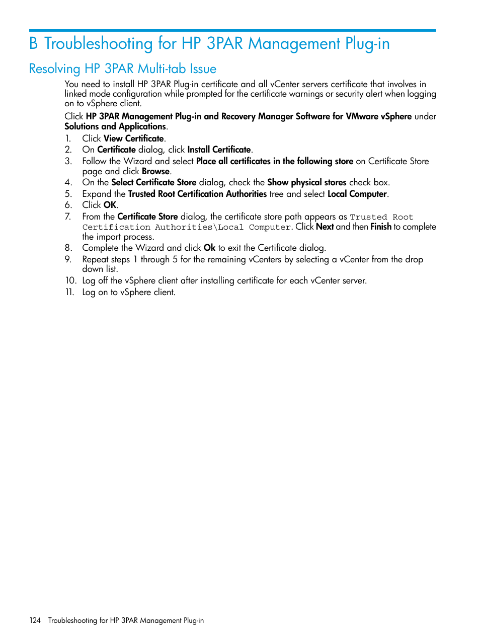 B troubleshooting for hp 3par management plug-in, Resolving hp 3par multi-tab issue | HP 3PAR Application Software Suite for VMware User Manual | Page 124 / 126