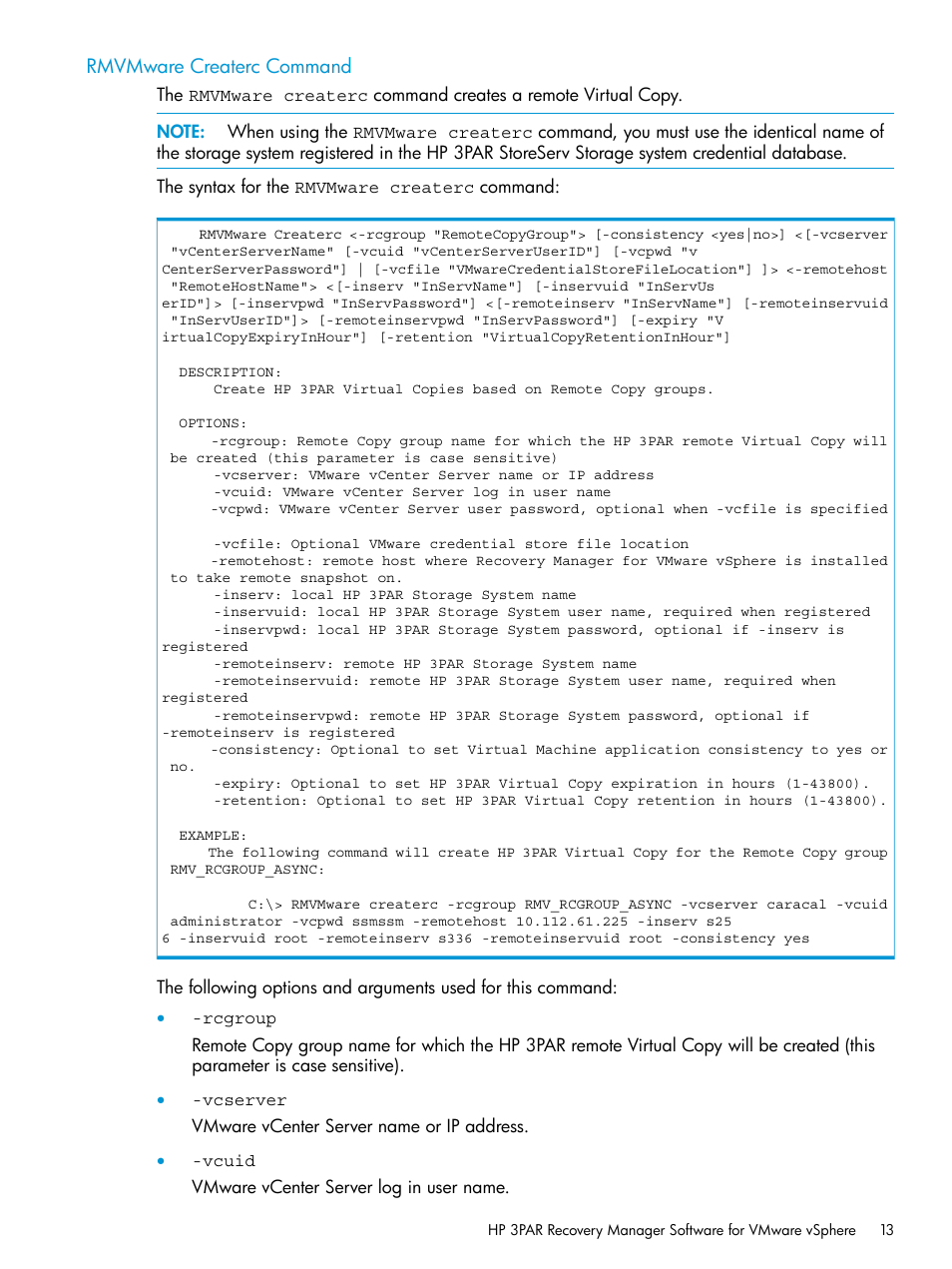 Rmvmware createrc command | HP 3PAR Application Software Suite for VMware User Manual | Page 13 / 126