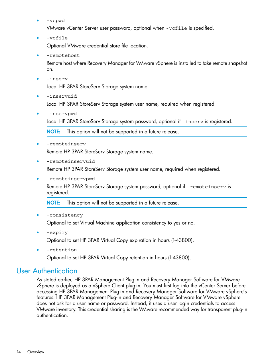 User authentication | HP 3PAR Application Software Suite for VMware User Manual | Page 14 / 126
