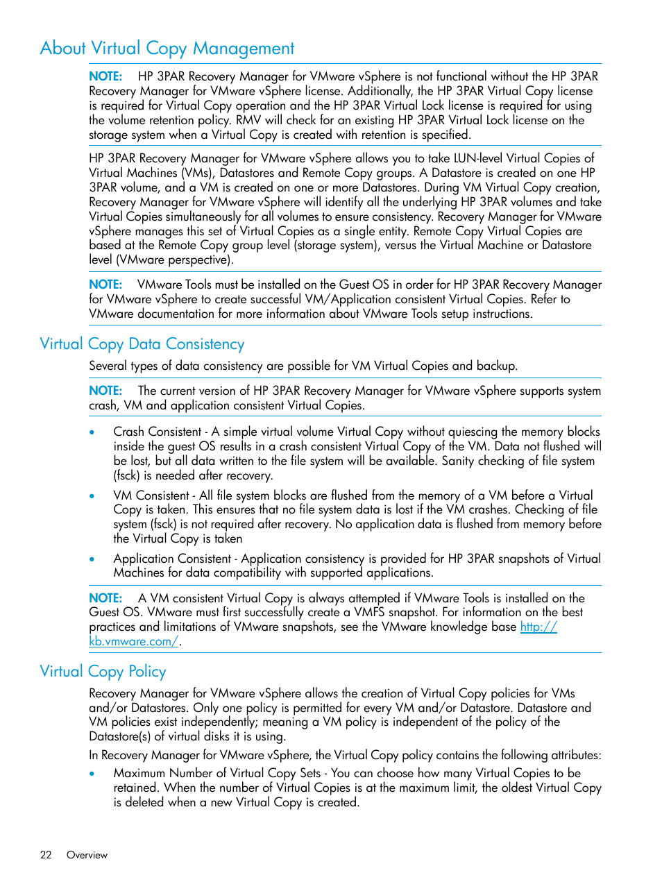 About virtual copy management, Virtual copy data consistency, Virtual copy policy | Virtual copy data consistency virtual copy policy | HP 3PAR Application Software Suite for VMware User Manual | Page 22 / 126