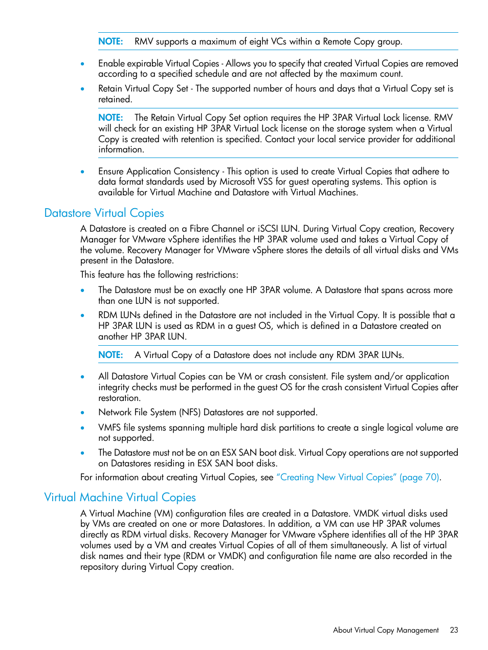 Datastore virtual copies, Virtual machine virtual copies | HP 3PAR Application Software Suite for VMware User Manual | Page 23 / 126