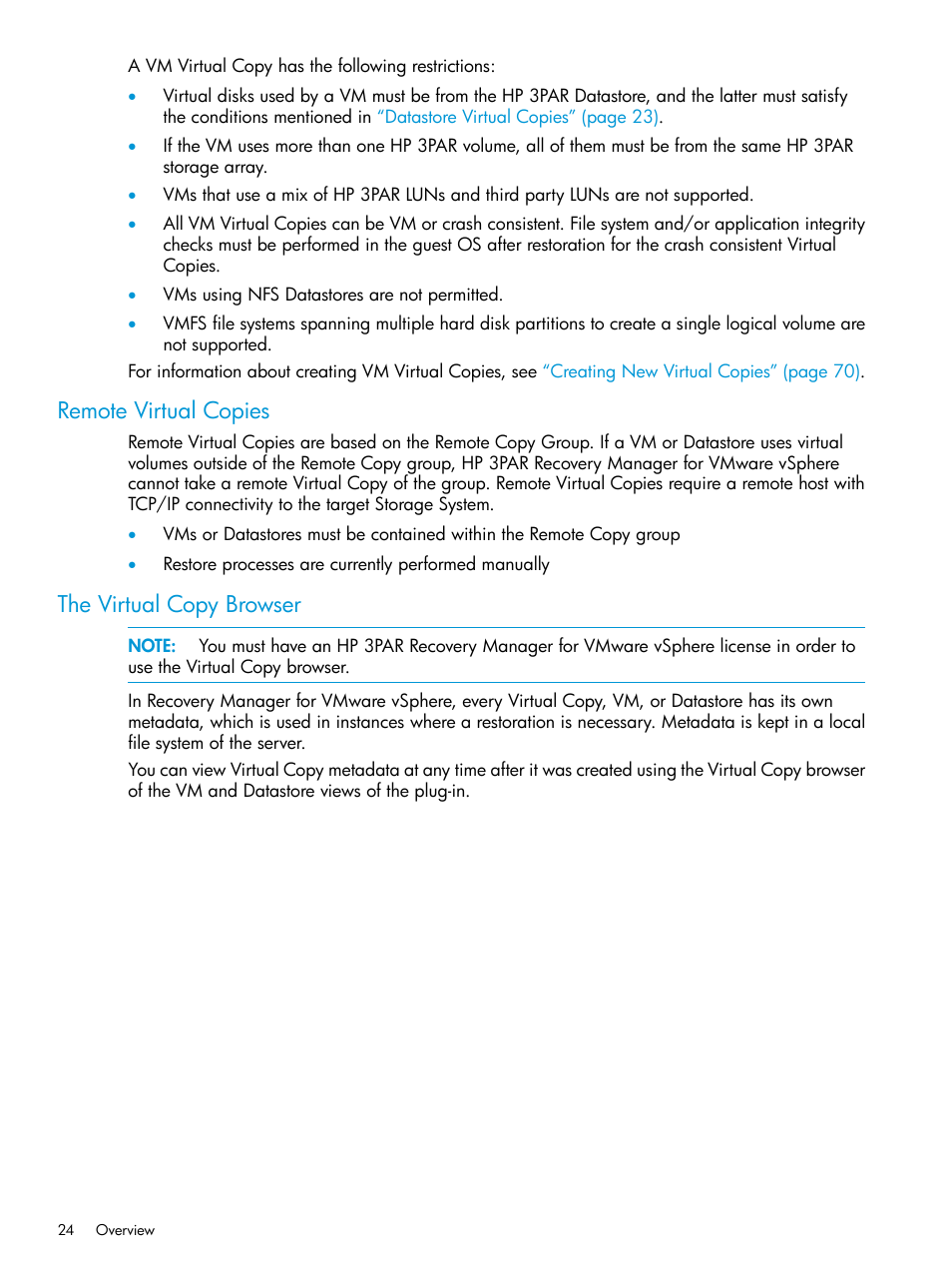 Remote virtual copies, The virtual copy browser, Remote virtual copies the virtual copy browser | HP 3PAR Application Software Suite for VMware User Manual | Page 24 / 126