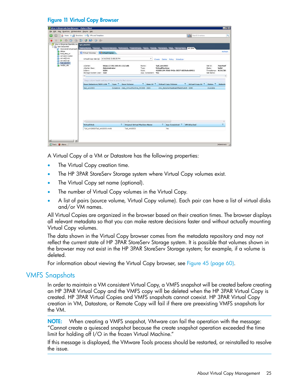 Vmfs snapshots | HP 3PAR Application Software Suite for VMware User Manual | Page 25 / 126