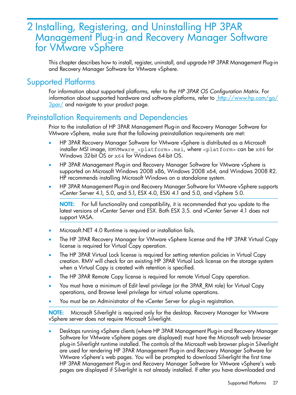 Supported platforms, Preinstallation requirements and dependencies | HP 3PAR Application Software Suite for VMware User Manual | Page 27 / 126