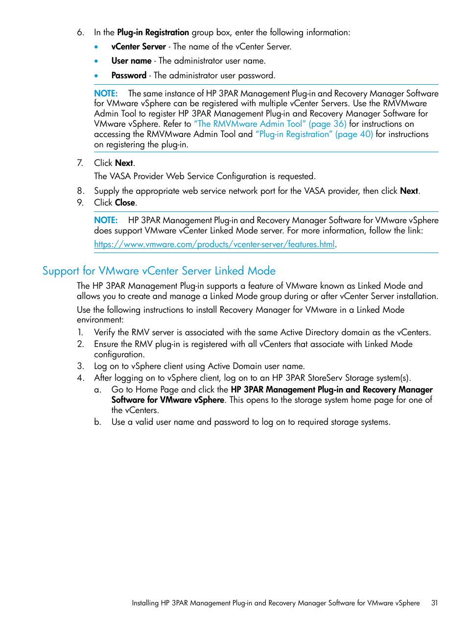 Support for vmware vcenter server linked mode | HP 3PAR Application Software Suite for VMware User Manual | Page 31 / 126