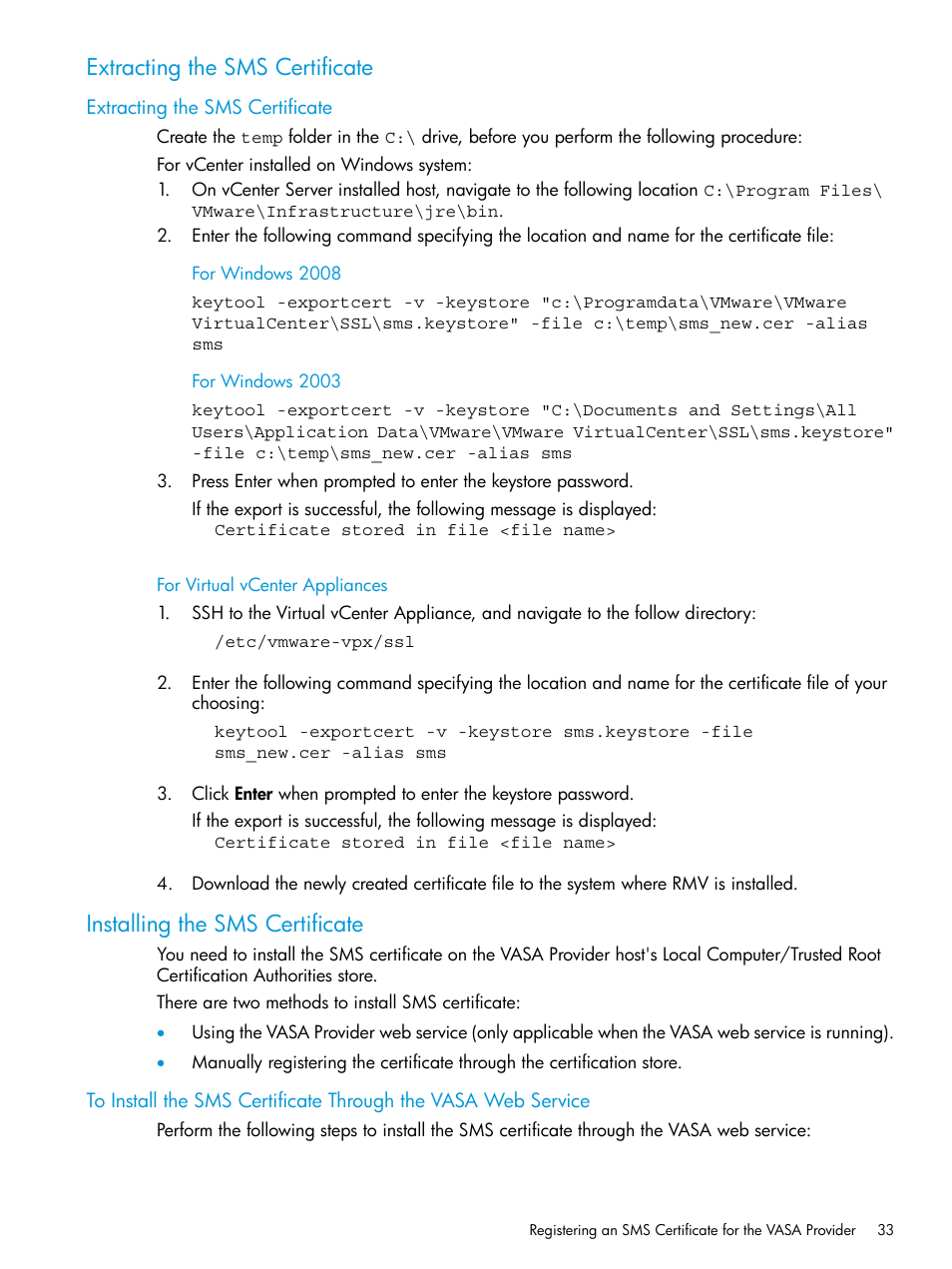 Extracting the sms certificate, Installing the sms certificate | HP 3PAR Application Software Suite for VMware User Manual | Page 33 / 126