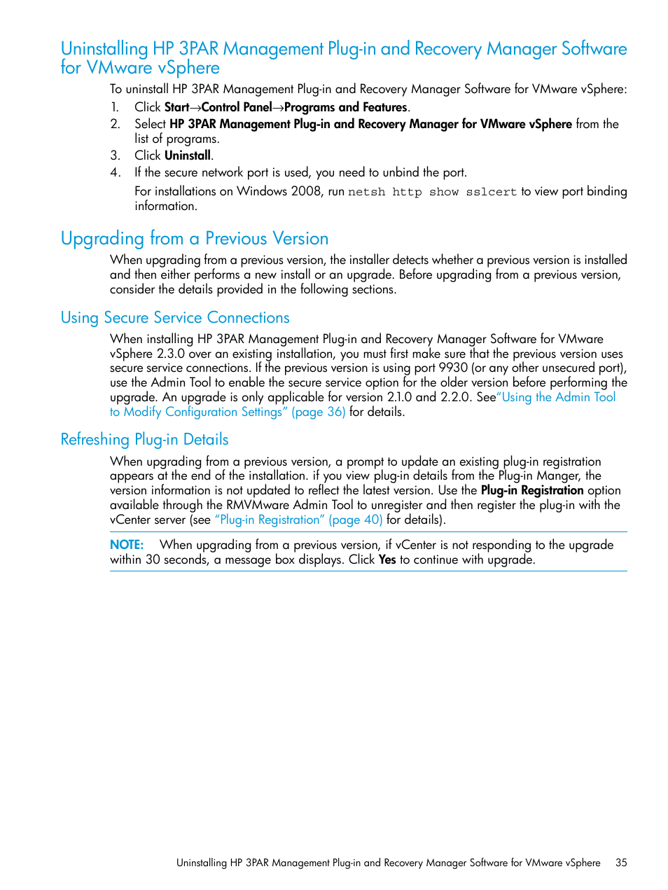 Upgrading from a previous version, Using secure service connections, Refreshing plug-in details | HP 3PAR Application Software Suite for VMware User Manual | Page 35 / 126