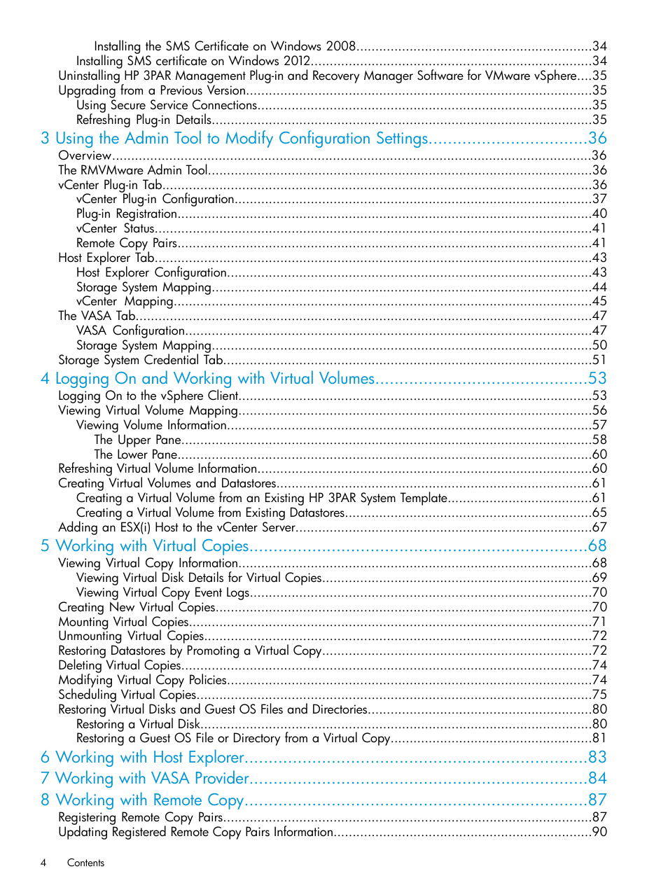 4 logging on and working with virtual volumes, 5 working with virtual copies | HP 3PAR Application Software Suite for VMware User Manual | Page 4 / 126