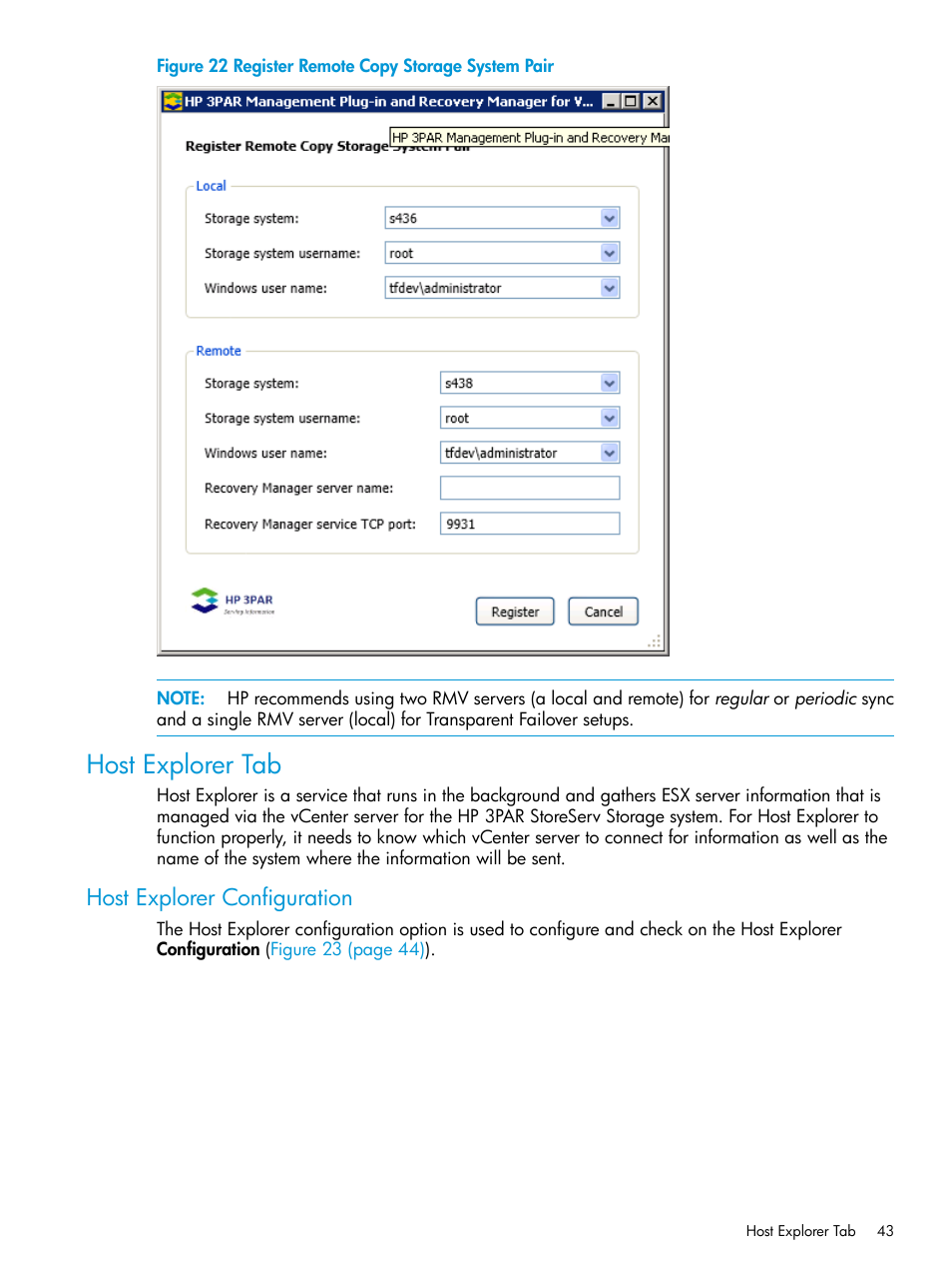 Host explorer tab, Host explorer configuration | HP 3PAR Application Software Suite for VMware User Manual | Page 43 / 126