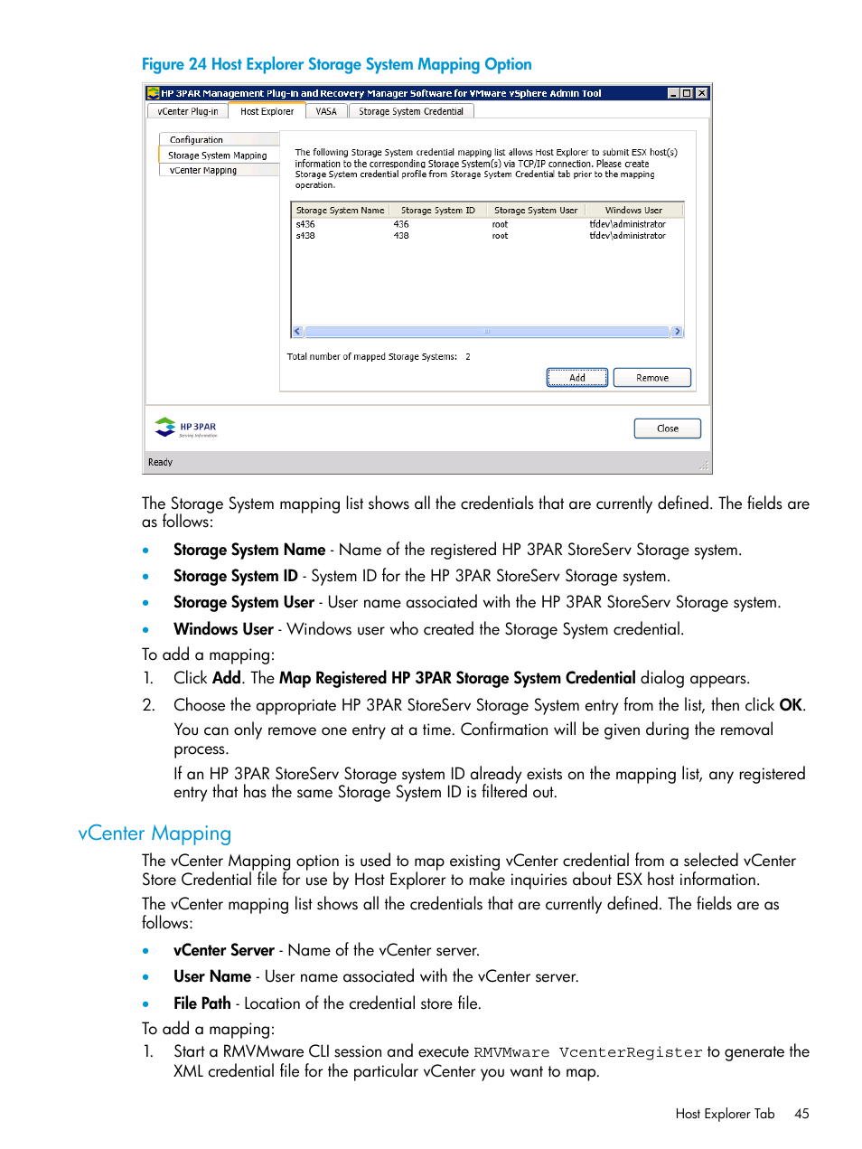 Vcenter mapping | HP 3PAR Application Software Suite for VMware User Manual | Page 45 / 126