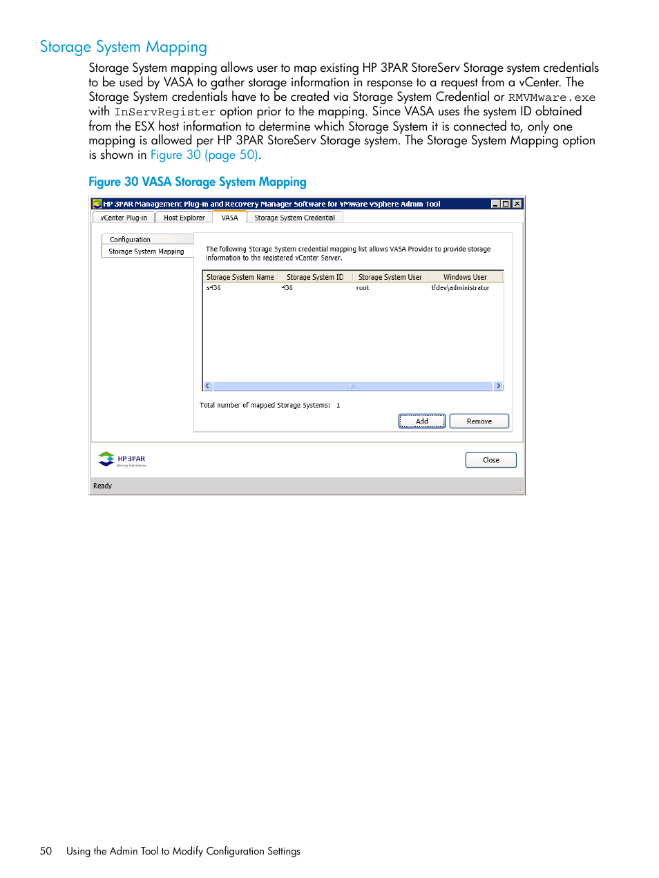 Storage system mapping | HP 3PAR Application Software Suite for VMware User Manual | Page 50 / 126