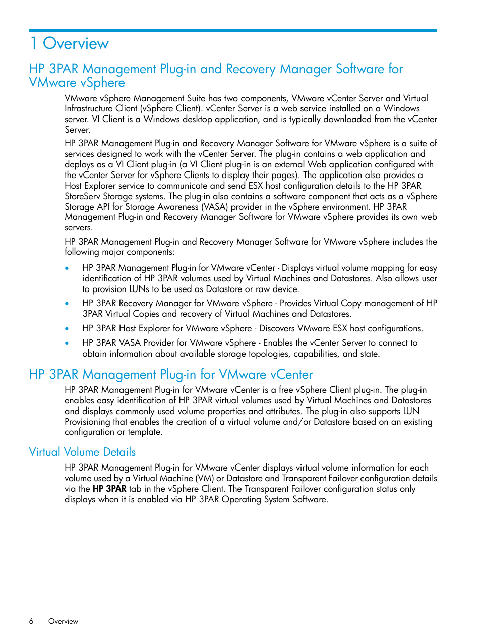 1 overview, Hp 3par management plug-in for vmware vcenter, Virtual volume details | HP 3PAR Application Software Suite for VMware User Manual | Page 6 / 126