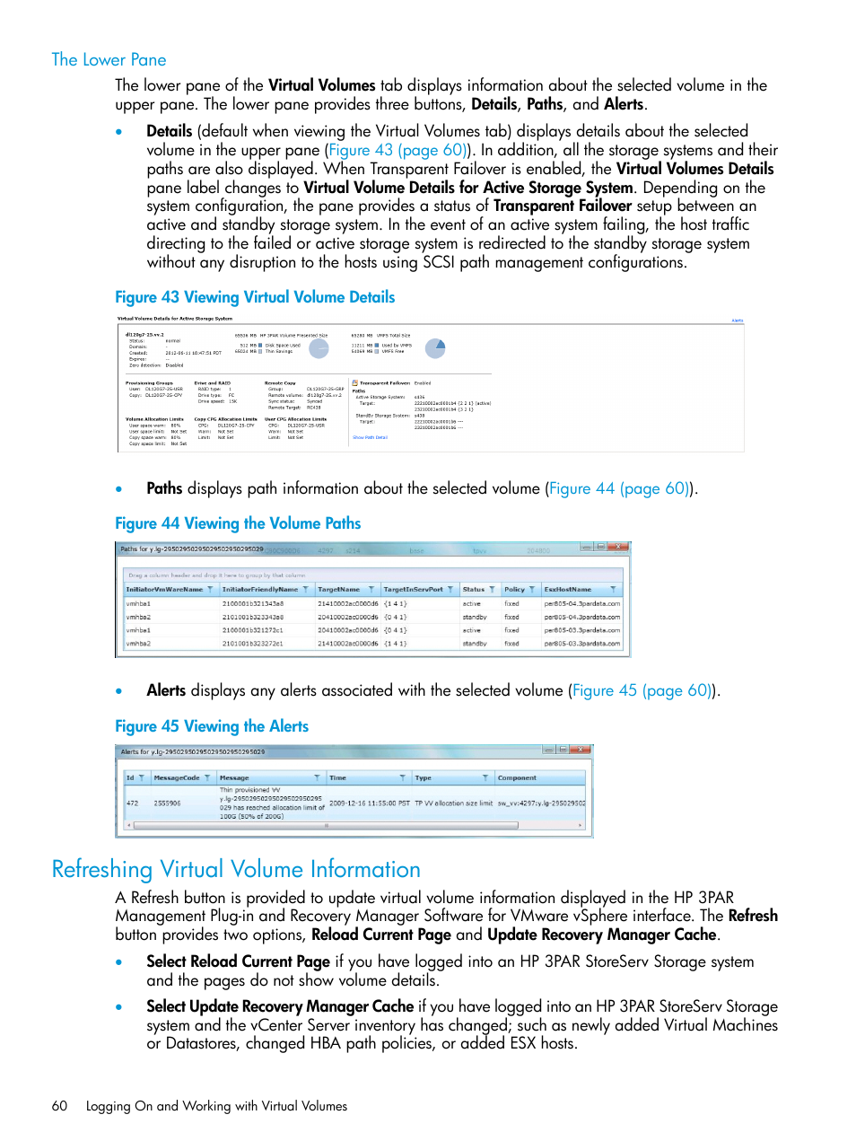 The lower pane, Refreshing virtual volume information | HP 3PAR Application Software Suite for VMware User Manual | Page 60 / 126
