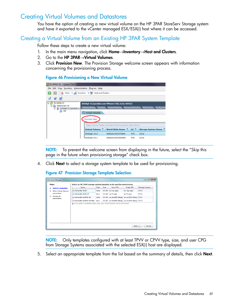 Creating virtual volumes and datastores, Creating a | HP 3PAR Application Software Suite for VMware User Manual | Page 61 / 126