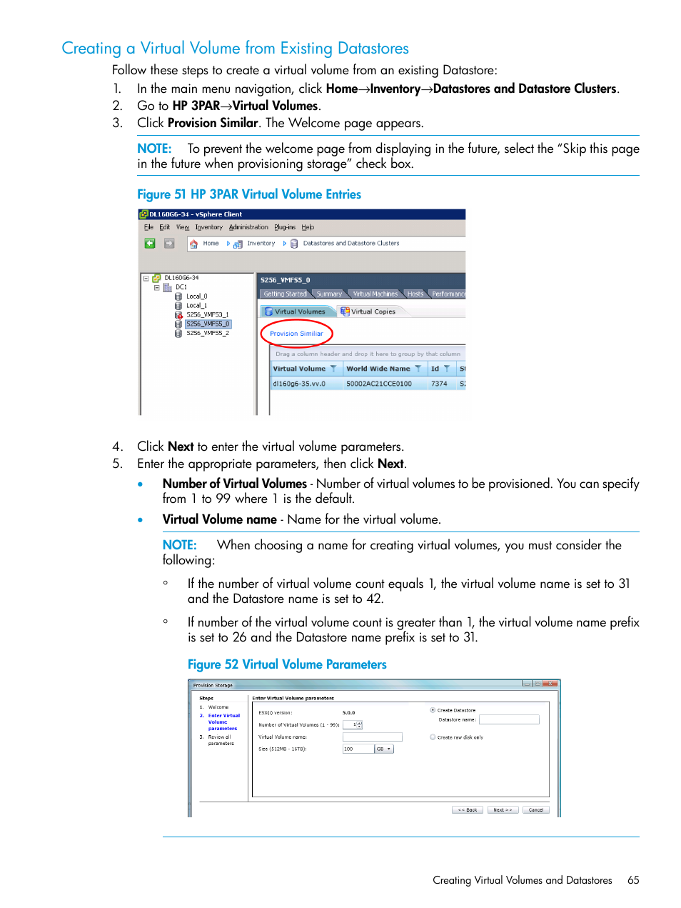 Creating a virtual volume from existing datastores | HP 3PAR Application Software Suite for VMware User Manual | Page 65 / 126