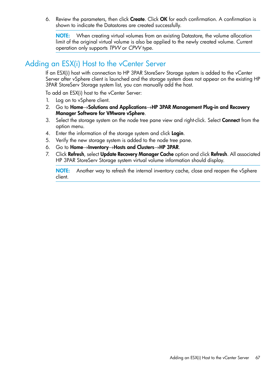 Adding an esx(i) host to the vcenter server | HP 3PAR Application Software Suite for VMware User Manual | Page 67 / 126